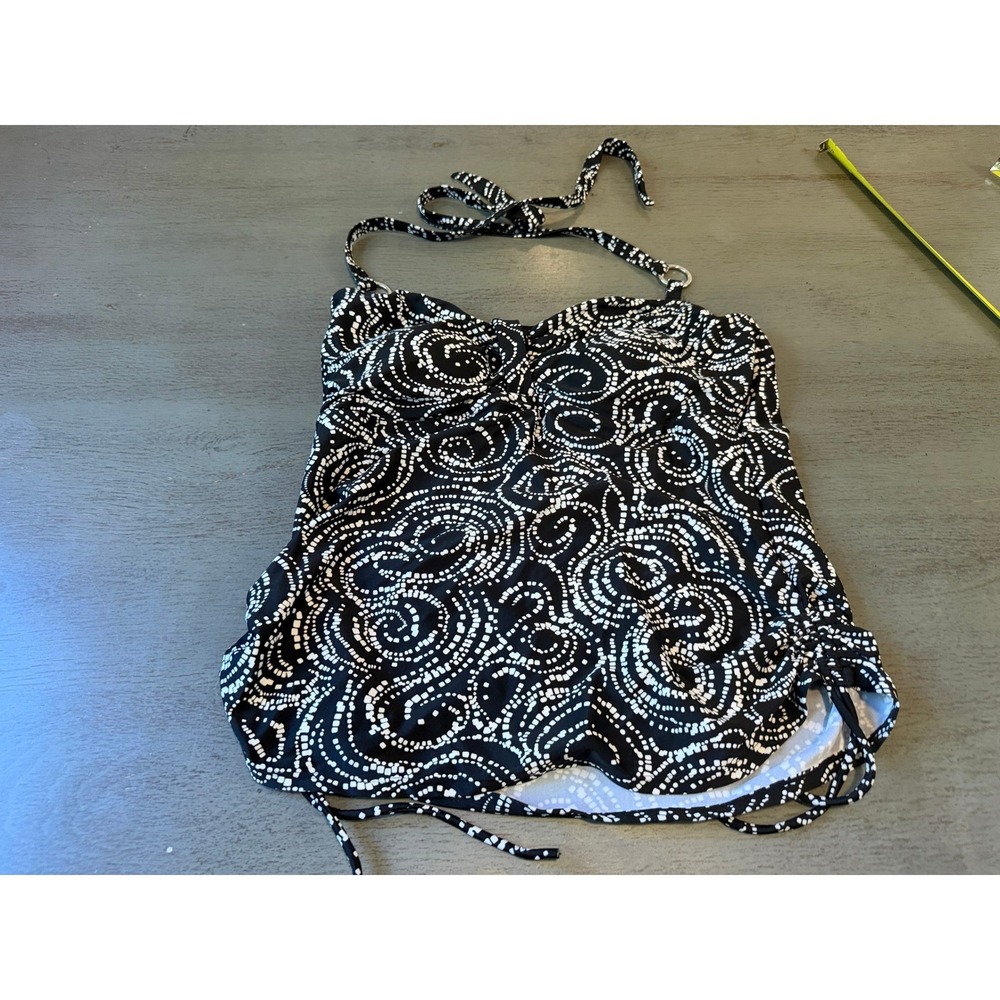 St Johns Bay Womens Black White Swirl Tankini Swim Top Halter Size 12